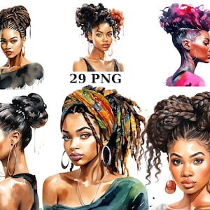 Acuarela 29 mujeres negras con peinados geniales Clipart, mujeres de color, rastas, imágenes PNG sobre fondo transparente