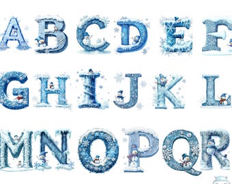 Pode incluir: Um alfabeto azul e branco com bonecos de neve e flocos de neve. As letras são decoradas com um tema de inverno.