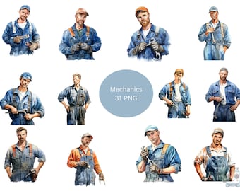 31 Mechanics Watercolor Clipart, Professions Clipart, PNG individual images on transparent background, sublimation
