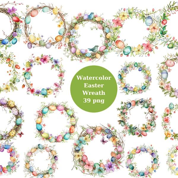 Watercolor Easter Wreaths Clipart, PNG digital files on a transparent background, scrapbook, invitations