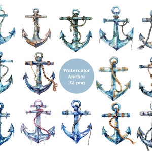 Watercolor Anchor Clipart, PNG digital files on transparent background, sublimation, commercial use