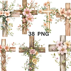 38 Floral Cross aquarel clipart, digitale PNG-bestanden op transparante achtergrond, sublimatie, commercieel gebruik