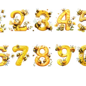 Aquarelle mignon abeille chiffres clipart, images individuelles PNG sur fond transparent, sublimation, usage commercial