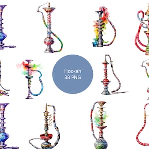 38 Wasserpfeifen Aquarell Clipart, Shisha Clipart, PNG einzelne Bilder auf transparentem Hintergrund, Sublimation
