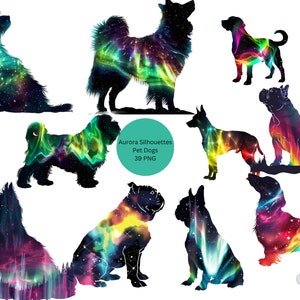 Aurora Silhouettes Clipart, Pet Dogs PNG individual images on transparent background, northern lights, sublimation, commercial use