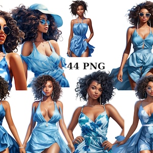 44 zwarte vrouwen in blauwe clipart, vrouwen van kleur, mode clipart, Summer Vibes, individuele PNG-afbeeldingen op transparante achtergrond