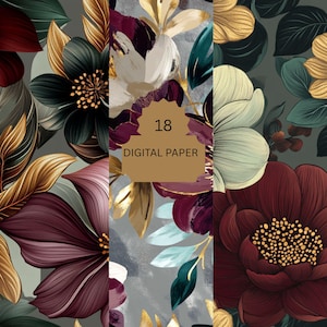 Pacchetto di carta digitale floreale scura: 18 eleganti sfondi floreali bordeaux e oro per matrimoni, lavori artigianali e inviti