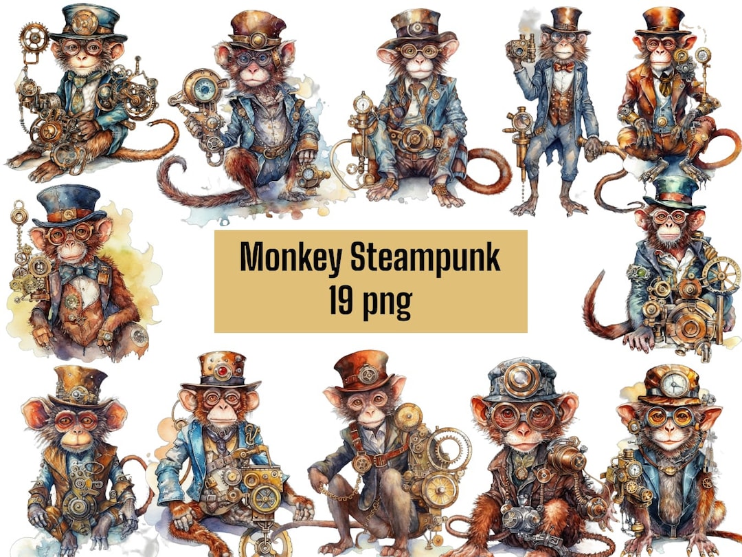 Monkey Steampunk Clipart, PNG Digital Files on Transparent Background ...