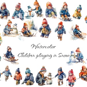 Bambini dell'acquerello che giocano nella neve, file digitali PNG su uno sfondo trasparente, scrapbook, inviti, uso commerciale, download istantaneo