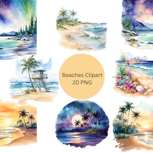 Watercolor Beaches Clipart, PNG digital files on transparent background, sublimation, commercial use