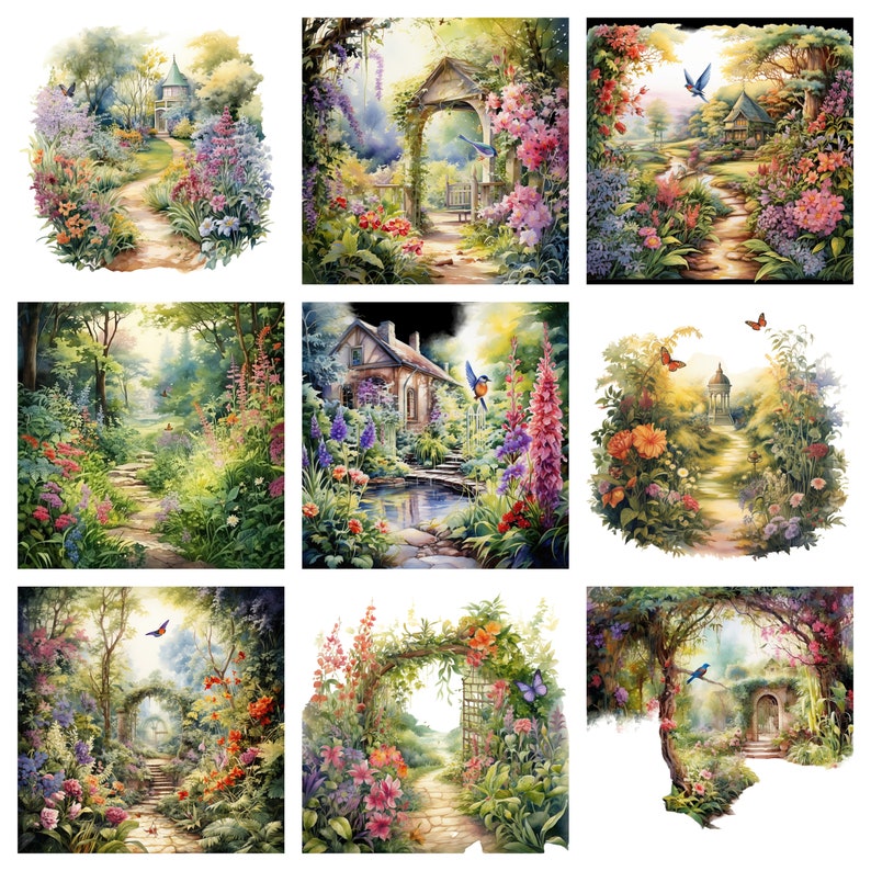 May include: A collection of nine digital paintings depicting whimsical garden scenes with winding paths, lush greenery, colorful flowers, and charming architectural details. Each painting features a unique perspective of a magical garden.