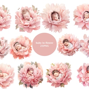 21 Baby in bloemen aquarel clipart, baby clipart, Floral clipart, individuele PNG-afbeeldingen op transparante achtergrond, sublimatie