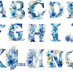 Aquarelle Floral Blue Alphabet Clipart, Alphabet Floral, fond transparent, haute qualité, clipart, 12 x 12, utilisation commerciale