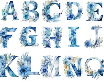 Watercolor Floral Blue Alphabet Clipart , Floral Alphabet, transparent background, high quality, clipart, 12x12, commercial use