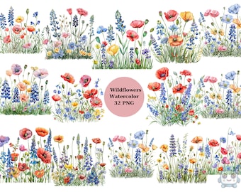 Watercolor Wildflowers Clipart, PNG digital files on transparent background, sublimation, commercial use