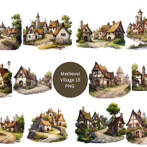 15 Imágenes Prediseñadas de Pueblos Medievales, Imágenes Prediseñadas Medievales, imágenes individuales PNG sobre fondo transparente, sublimación, uso comercial