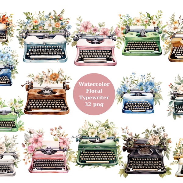 Watercolor Floral Typewriter Clipart, PNG digital files on transparent background, sublimation, commercial use