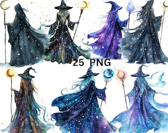 25 Celestial Witches Watercolor Clipart, PNG digital files on transparent background, sublimation, commercial use