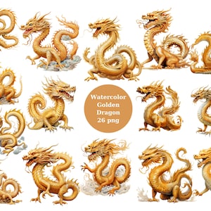 Clipart de dragão dourado aquarela, arquivos digitais PNG em fundo transparente, sublimação, uso comercial