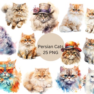 水彩画のペルシャ猫のクリップアート、透明な背景のPNGデジタルファイル、スクラップブック、招待状