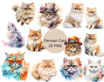 Watercolor Persian Cats Clipart, PNG digital files on a transparent background, scrapbook, invitations