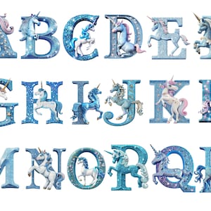 Blue Glitter Unicorn Alphabet Clipart, letras de unicornio, fondo transparente, alta calidad, imágenes prediseñadas, 12x12, uso comercial
