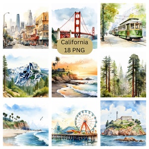 Aquarelle Californie Clipart, images individuelles PNG sur fond transparent, sublimation, usage commercial