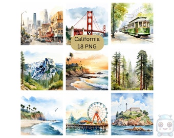 May include: A collection of 18 watercolor paintings depicting various iconic landmarks and landscapes of California. The images include the Golden Gate Bridge, a cable car, a mountain range, a beach scene, a redwood forest, a pier with a Ferris wheel, and Alcatraz Island.