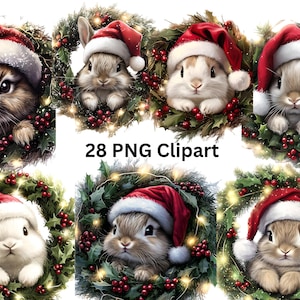28 kerstkonijnen aquarel clipart, kerst clipart, individuele png-afbeeldingen op transparante achtergrond, sublimatie