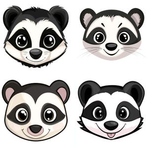 Conjunto de imágenes prediseñadas de pandas adorables: caras de panda bebé PNG, gráficos de cabezas de animales kawaii, pegatinas digitales de dibujos animados para guardería