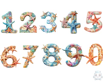 Puede incluir: Un conjunto de diez números decorativos, del cero al nueve, adornados con diseños de estrellas de mar y conchas marinas. Los números presentan tonos de azul, naranja y rosa, creando un tema acuático vibrante. Ideal para decoración náutica.