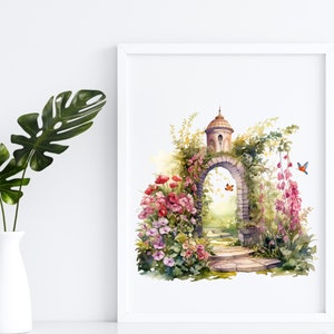 May include: A watercolor painting of a stone archway covered in greenery and flowers. The archway leads to a path with stone steps. There are butterflies flying around the archway.