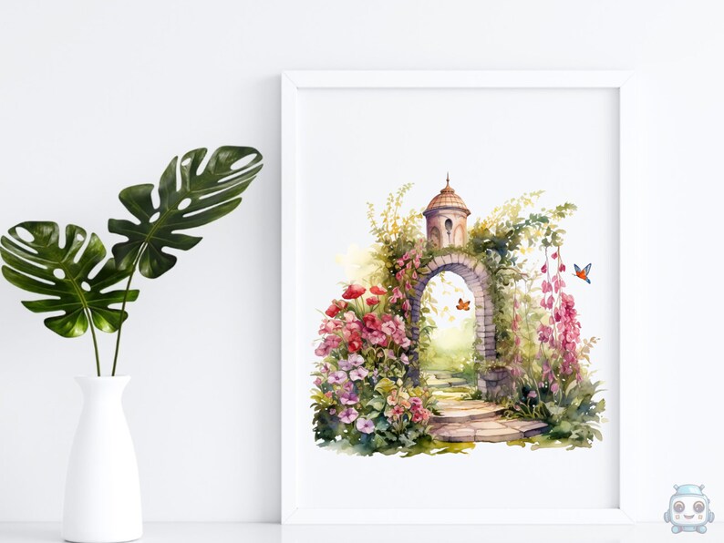 May include: A watercolor painting of a stone archway covered in greenery and flowers. The archway leads to a path with stone steps. There are butterflies flying around the archway.