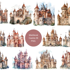 29 Medieval Castles Watercolor Clipart, Medieval Clipart, PNG individual images on transparent background, sublimation, commercial use