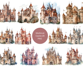 29 Medieval Castles Watercolor Clipart, Medieval Clipart, PNG individual images on transparent background, sublimation, commercial use