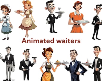 Animated Waiters Clipart PNG digital files on a transparent background, scrapbook, invitations, commercial use, instant download