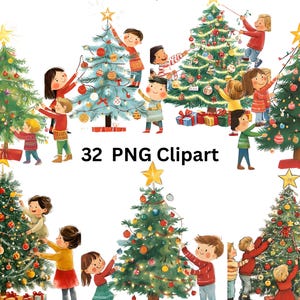 32 Crianças com Árvores de Natal Clipart, Clipart de Natal, imagens individuais PNG em fundo transparente, sublimação