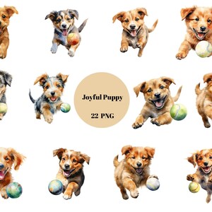 22 Joyful Puppies Watercolor Clipart, Cute Dogs Clipart, PNG individual images on transparent background, sublimation, commercial use