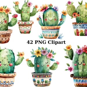 42 cliparts souriants de cactus, clipart fantaisiste, images individuelles PNG sur fond transparent, sublimation