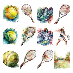 Tennis Bundle, Aquarell, 18 PNG Bilder, Sofort Download Scrapbook, Junk Journal, Papier Handwerk Scrapbooking, Transparenter Hintergrund