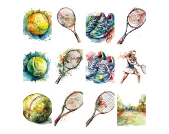 Tennis Bundle, Watercolour, 18 PNG images, Instant Download Scrapbook, Junk Journal, Paper Crafts Scrapbooking, Transparent background