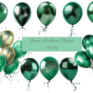 Grün und Gold Luftballons Clipart, Glitzer und Folie Konfetti Party Clipart für Geburtstage PNG-Format sofortiger Download für kommerzielle Nutzung