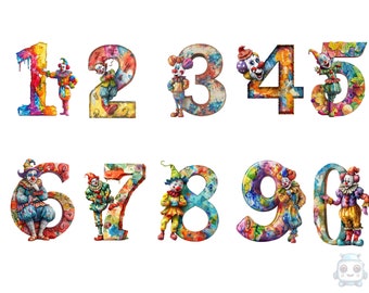 Watercolor Clown Numbers Clipart, Circus PNG individual images on transparent background, sublimation, commercial use