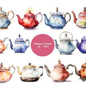 May include: A collection of 12 watercolor illustrations of teapots in various colors and designs. The teapots are all in a vintage style and have intricate details. The text "Elegant Teapot 24 PNG" is visible in the center of the image.