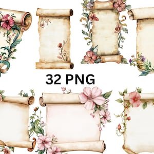 32 Vintage Scrolls Watercolor Clipart, Scrolls Clipart, PNG individual images on transparent background, sublimation
