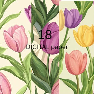 Bunte Tulpe Digitales Papier Bundle - Frühling Blumenhintergründe, Blumen, Scrapbooking Pack - 18 Blatt