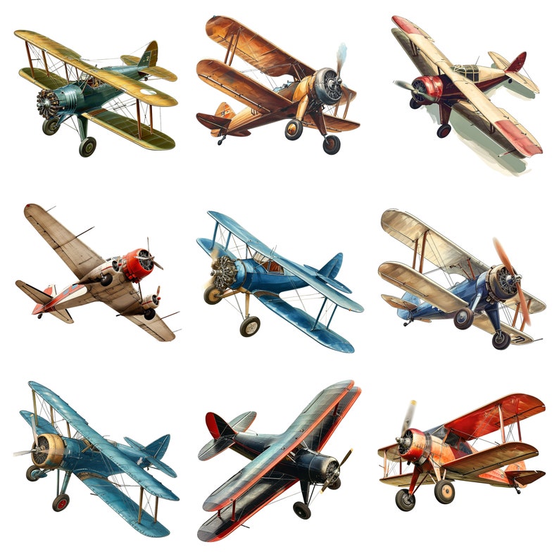 Op de afbeelding: Negen vintage-biplanes in verschillende kleuren, waaronder rood, blauw, groen en bruin, worden getoond tegen een witte achtergrond. De vliegtuigen zijn allemaal in de lucht, met hun vleugels wijd uitgespreid.