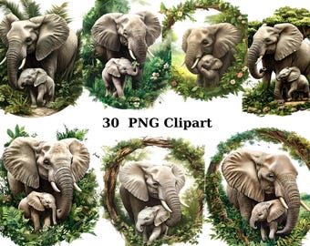 30 Mother and Baby Elephants Clipart, Animals Clipart, PNG individual images on transparent background, sublimation