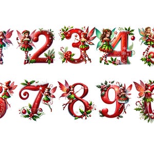 Numeri magici delle fate di Natale - Lettere rosse con fate festive, sfondo trasparente, alta qualità, clipart, 12x12, uso commerciale