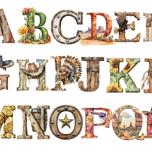 Watercolor Western Alphabet Clipart, Cowboy Clipart, PNG individual images on transparent background, sublimation, commercial use